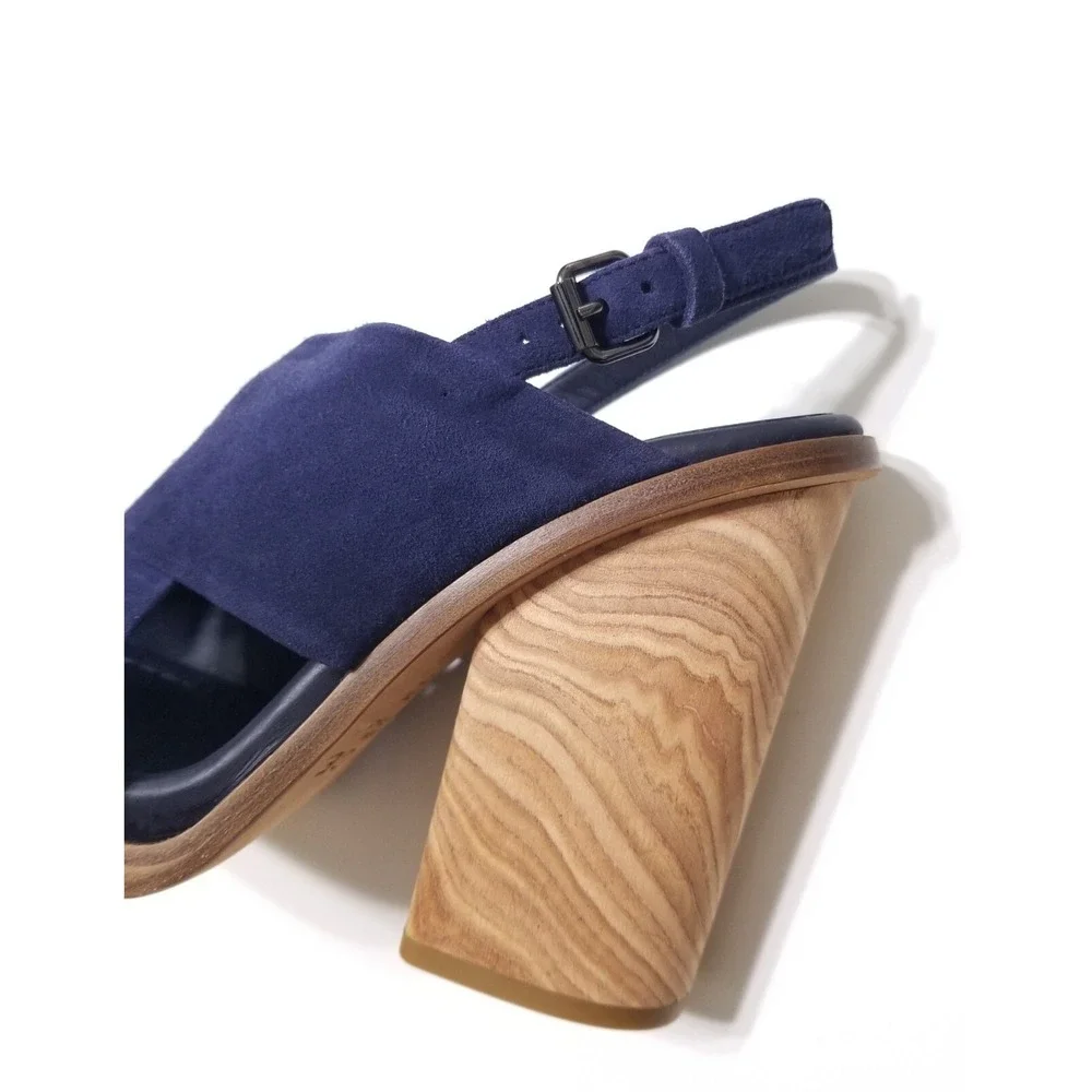 Vince Helena Suede Slingback Wooden Block Heel Sandals Indigo Blue NIB 6.5 7